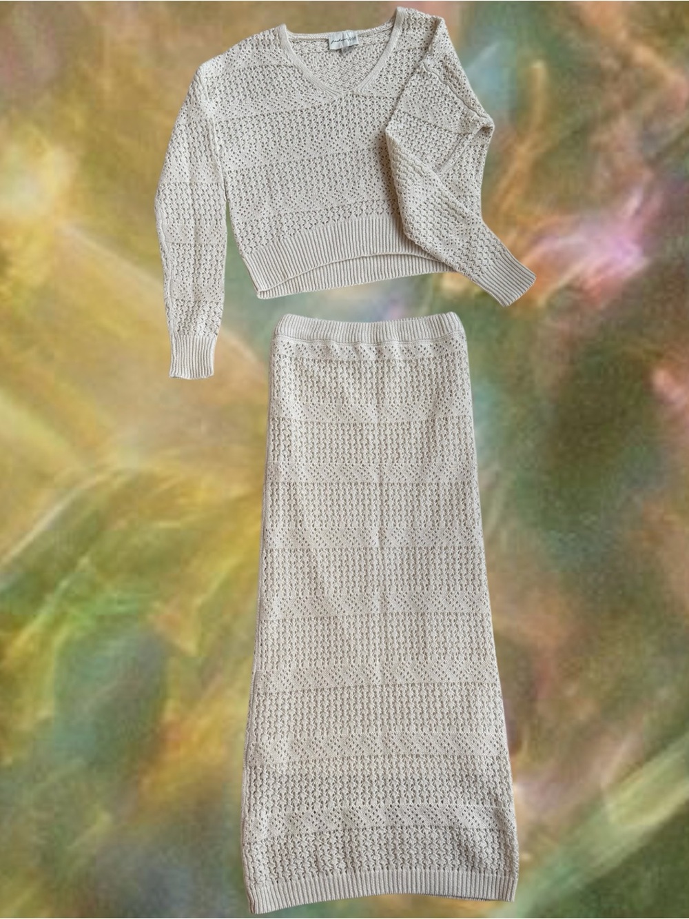 Freshman 1996 Cream Crochet Open-Knit 2-Piece Set Top & Maxi Skirt XS NWOT